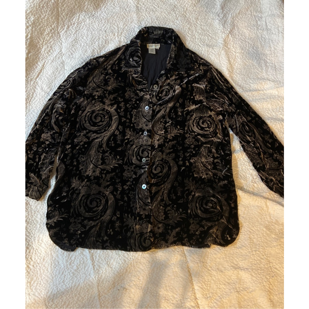 Coldwater Creek Women's Shirt Blouse XL Black Velvet Paisley Button-Down - Picture 9 of 10